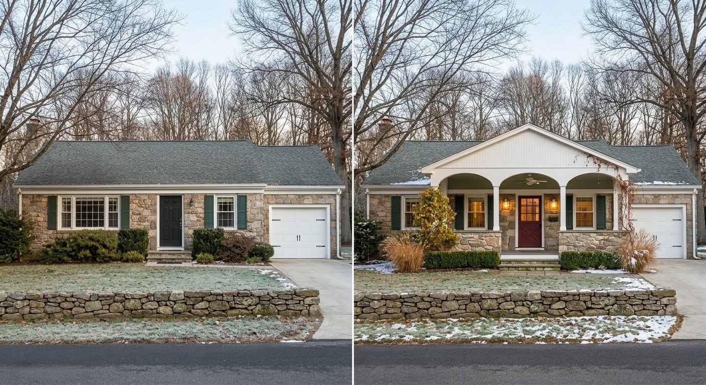 Stone ranch, before (no porch, flat facade) and after (gabled front porch with two white columns)