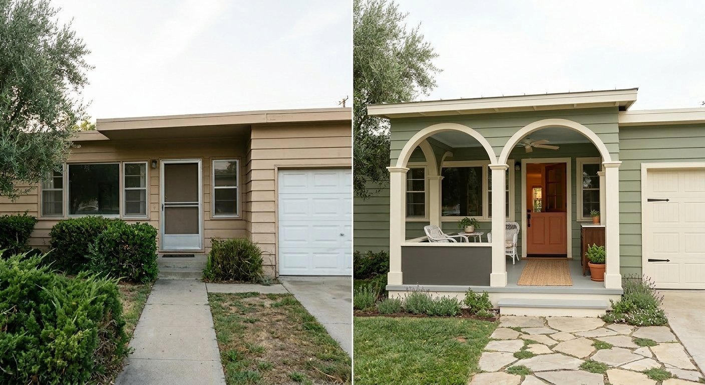 Tan ranch, before (flat facade, concrete walk) and after (sage green siding with two arched porch openings and flagstone path)