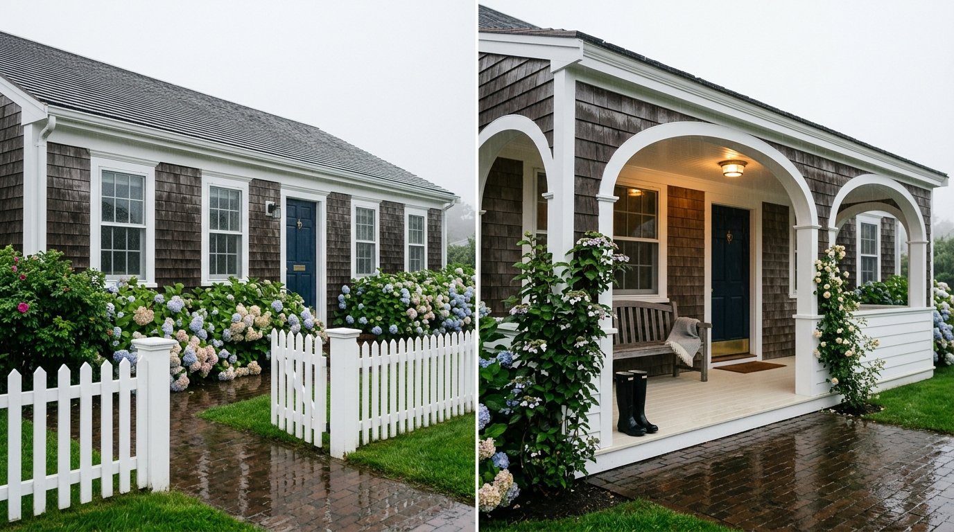 Shingle-style ranch, before (front door flush with wall, no porch) and after (covered porch with wood bench, hanging lantern, and climbing flowers)