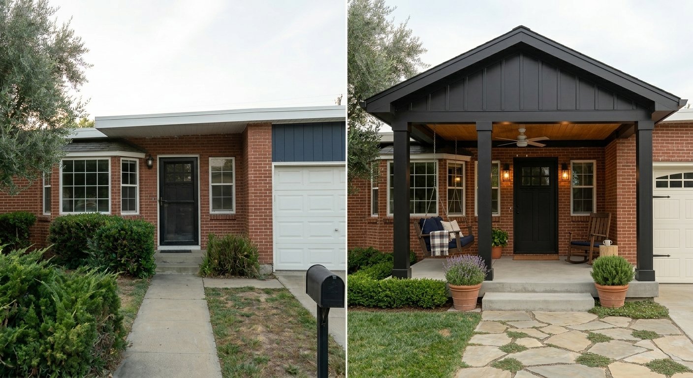 Red brick ranch, before (flat facade, small stoop) and after (dark charcoal board-and-batten gable with porch swing)
