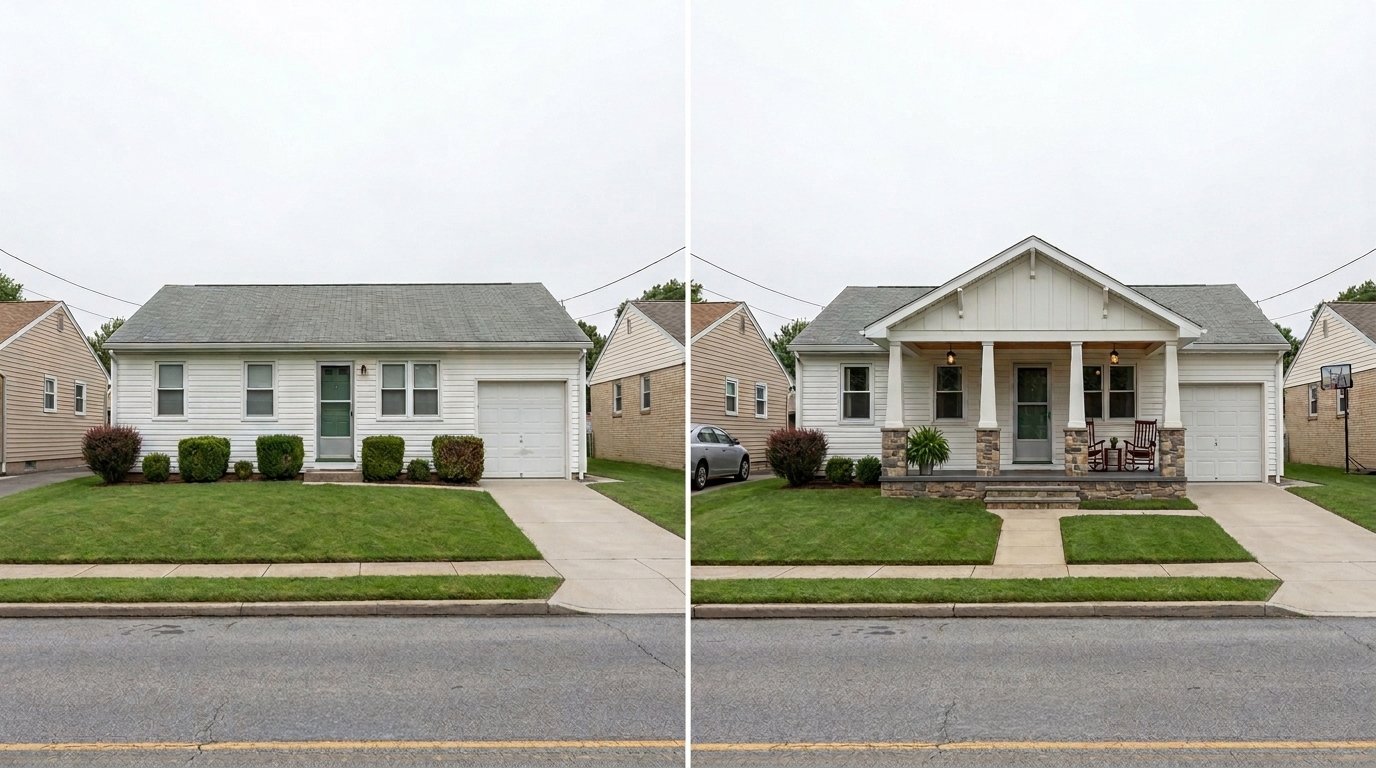White ranch, before (plain front) and after (columned porch with stone column bases and steps)
