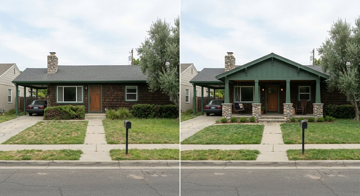 Brown shingle ranch, before (small overhang, carport) and after (craftsman porch with river rock column bases and deep green board-and-batten gable)