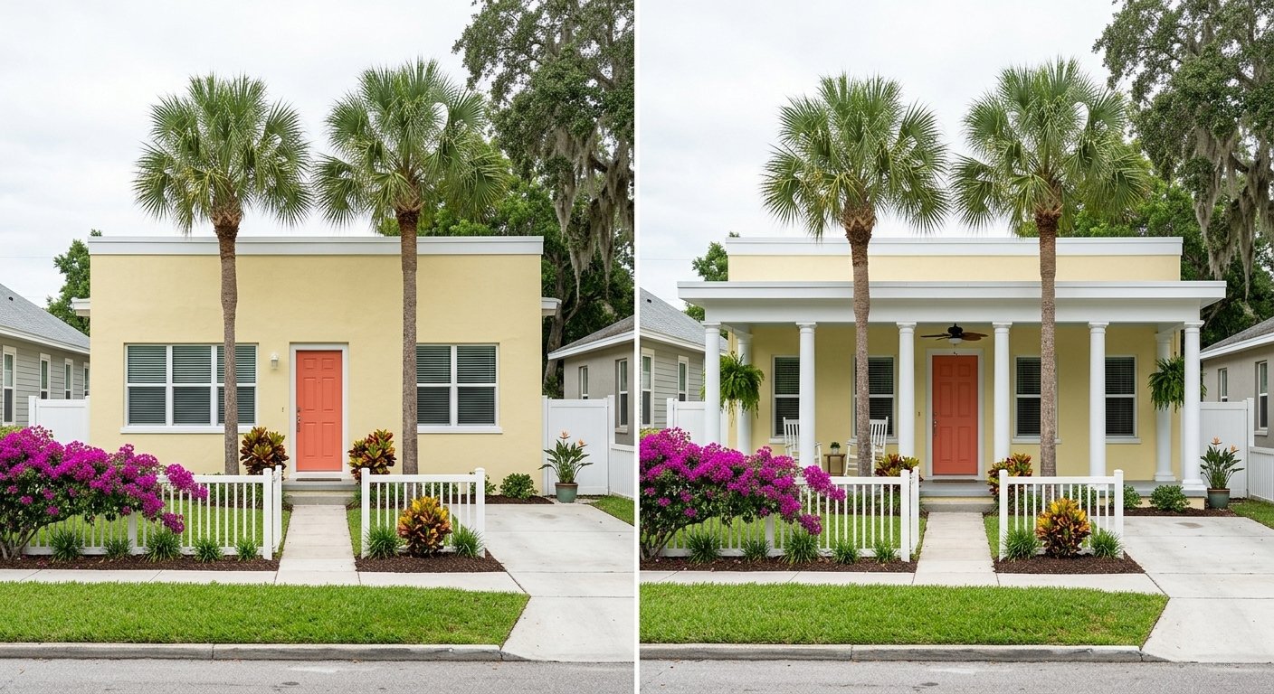 Yellow stucco ranch, before (flat facade, orange door) and after (white-columned Florida-style porch with flat roof)