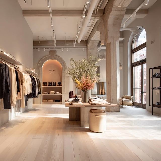 Remodeled clothing store with lots of natural light and wood