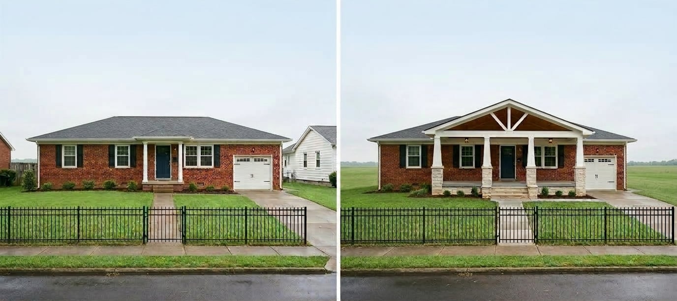  Red brick ranch, before (small stoop, shutters) and after (porch with exposed triangular truss in the gable)
