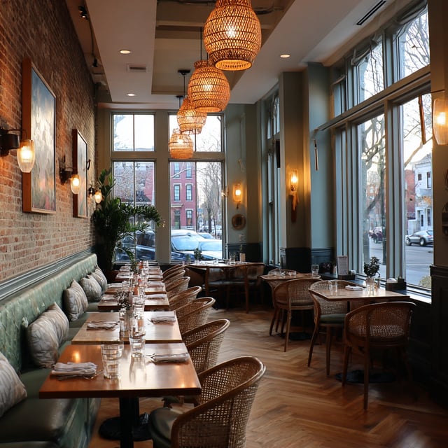  Warm restaurant with woven lamps, brick walls, and booths.