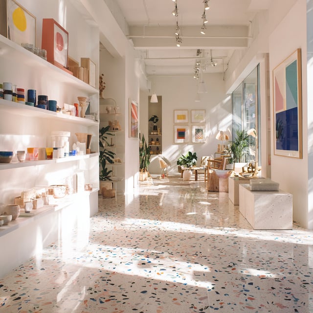 A bright, modern boutique with terrazzo floors, white shelves, and colorful artwork.