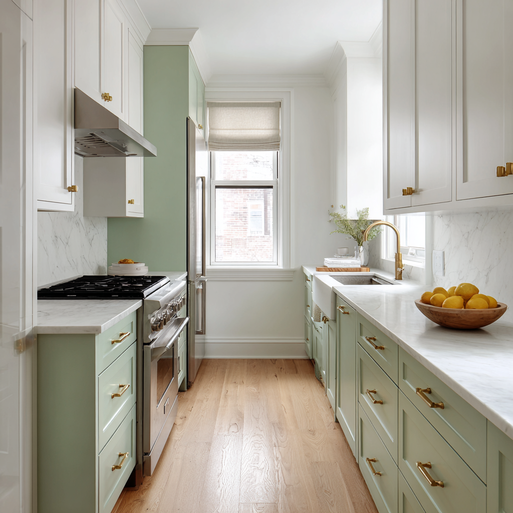Sage green and white kitchen with gold hardware and wood.