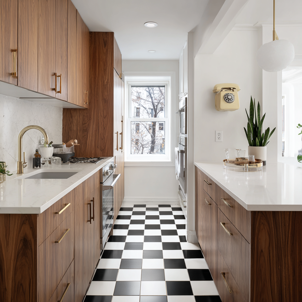 Wood cabinets, checkered floor, and a vintage rotary phone.