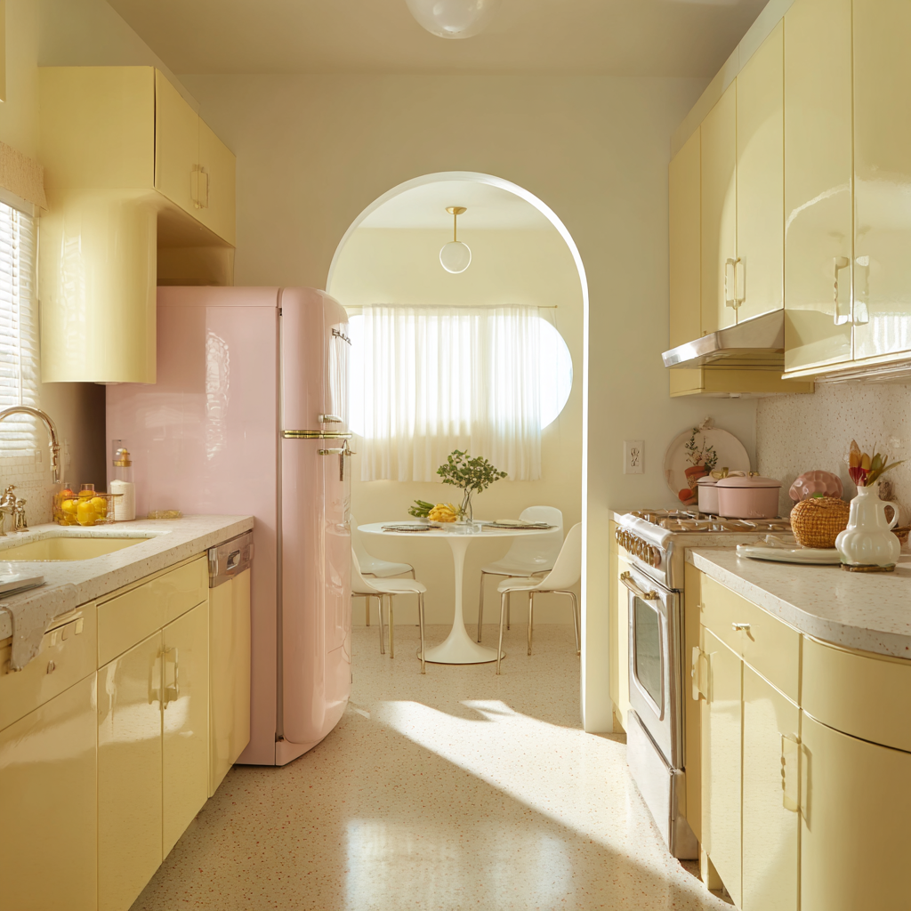 Yellow retro kitchen with a pink fridge and arched doorway.