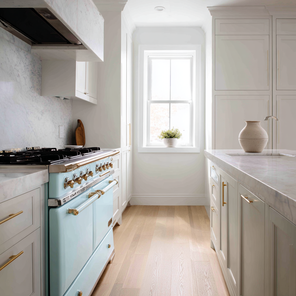 White kitchen with a light blue vintage stove and marble.