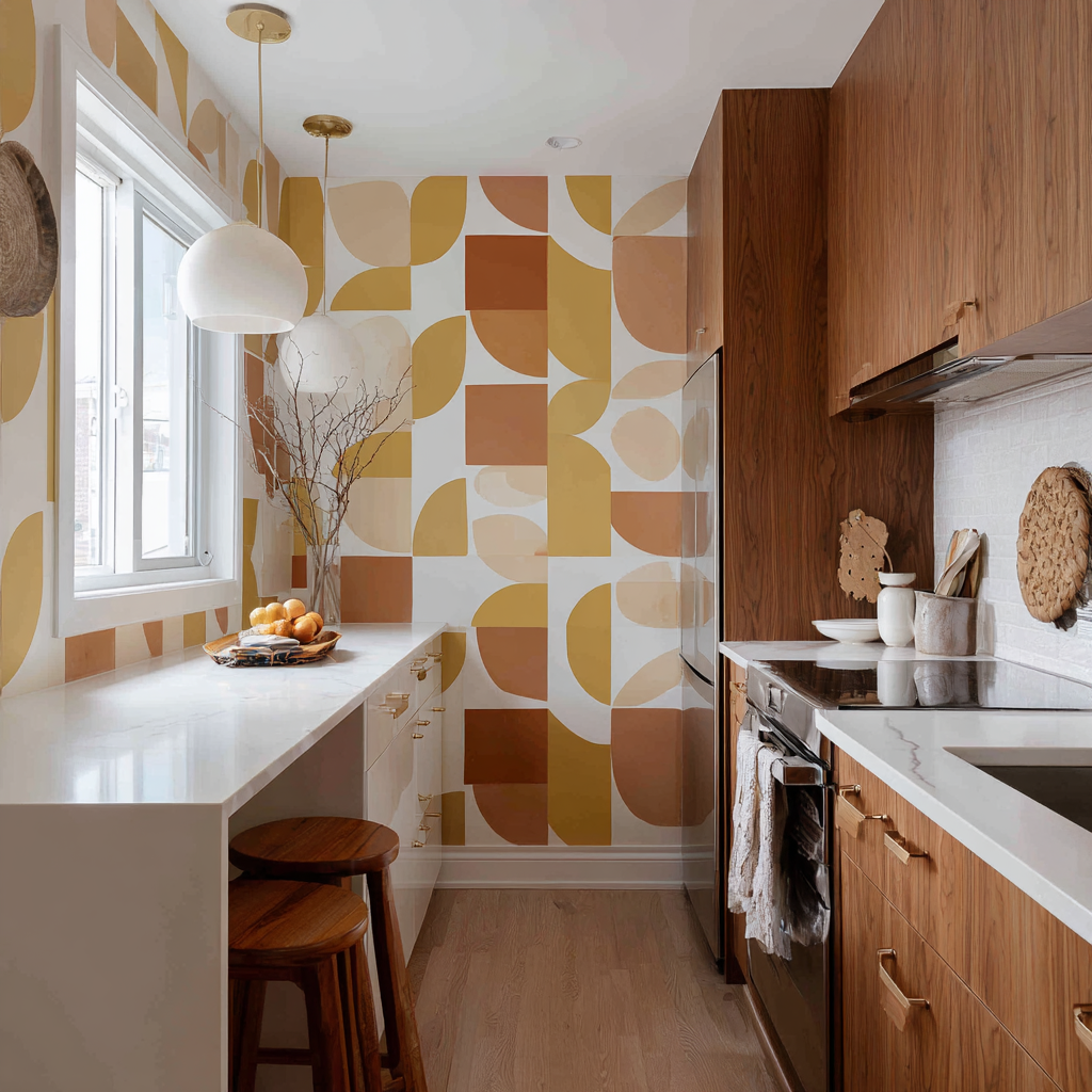 Wood cabinets, white counters, and yellow geometric wallpaper.