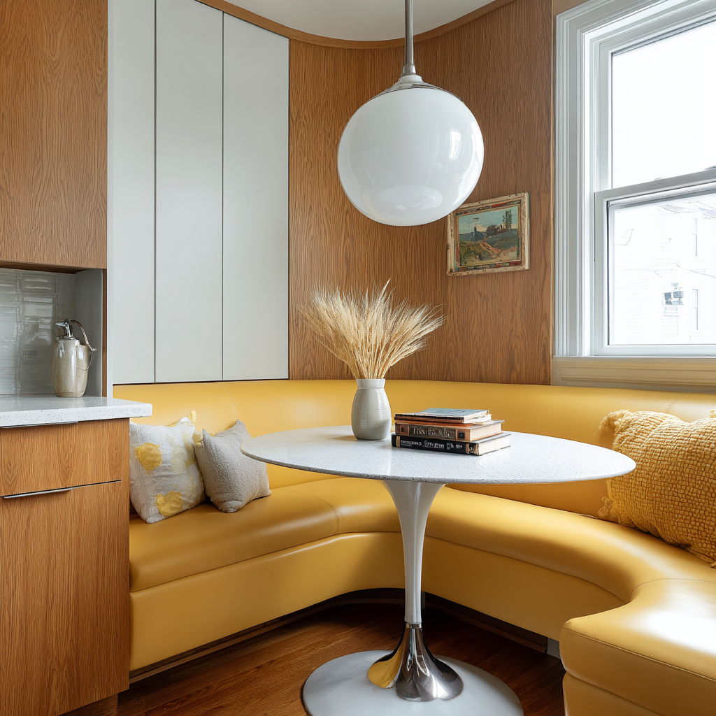 Yellow curved booth with a tulip table and wood paneling.