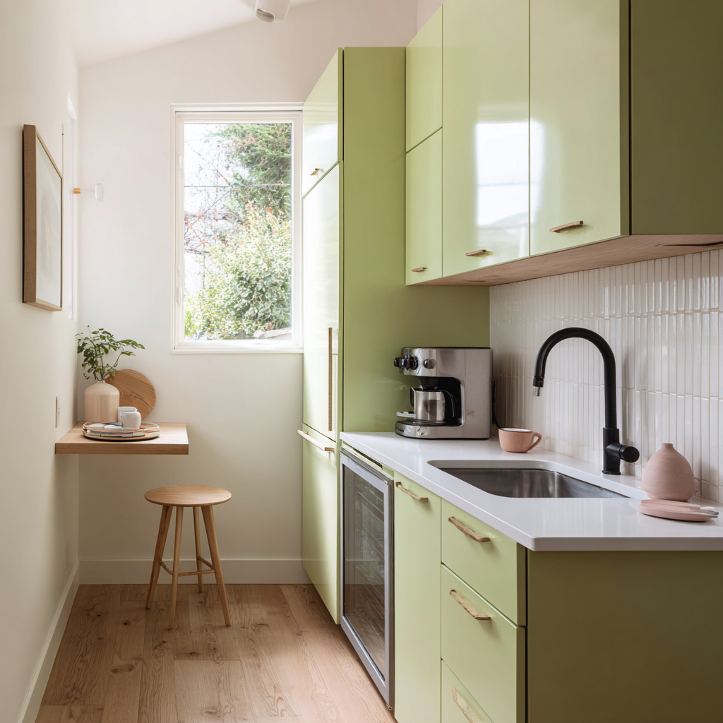 Retro-style ADU kitchen with green cabinets and wood floors.