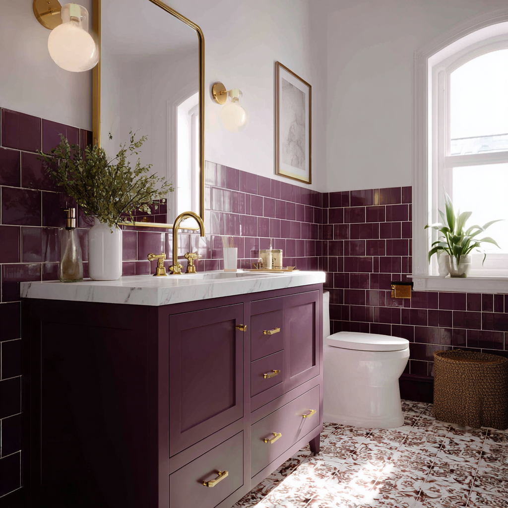 Rich Purple Half Wall Tiles With White Paint Above