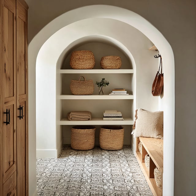 A cozy arched storage nook with woven baskets, shelves, and patterned tile flooring.
