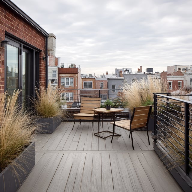 A rooftop deck with composite decking, modern wooden chairs, decorative grasses in planters, and a cityscape view under an overcast sky.