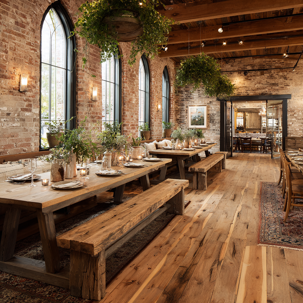 A rustic dining space with exposed brick walls, long wooden tables, hanging greenery, and warm ambient lighting.