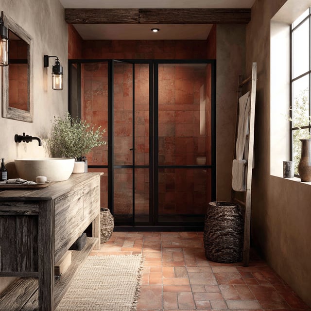 Rustic bathroom with terracotta tile floors and walls, wood vanity, black-framed glass shower, and industrial farmhouse design.