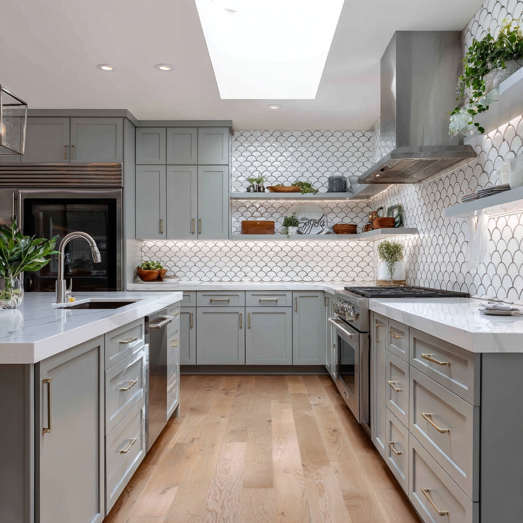 Scallop Tile Dark Grout Gray Cabinets