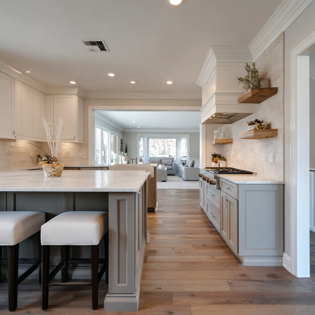 Image: A ranch kitchen shot from slightly behind and to the left of a long, low island, looking toward the range wall with the dining and living areas visible and connected, with a continuous, unobstructed sightline across the open floor plan.