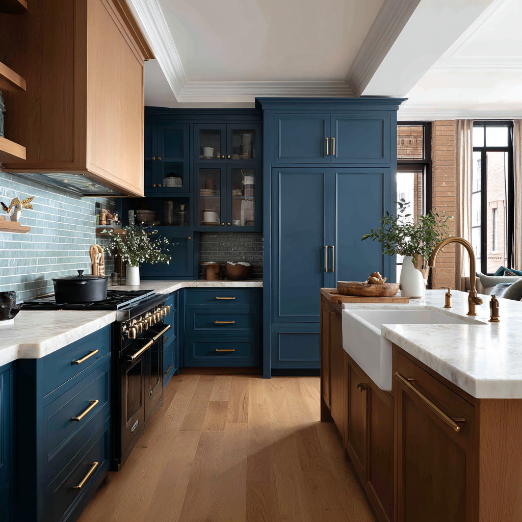 Image: A kitchen with deep navy blue lower cabinets and perimeter cabinetry paired with warm stained wood upper cabinets, unlacquered brass hardware, and a white marble countertop with a farmhouse sink.