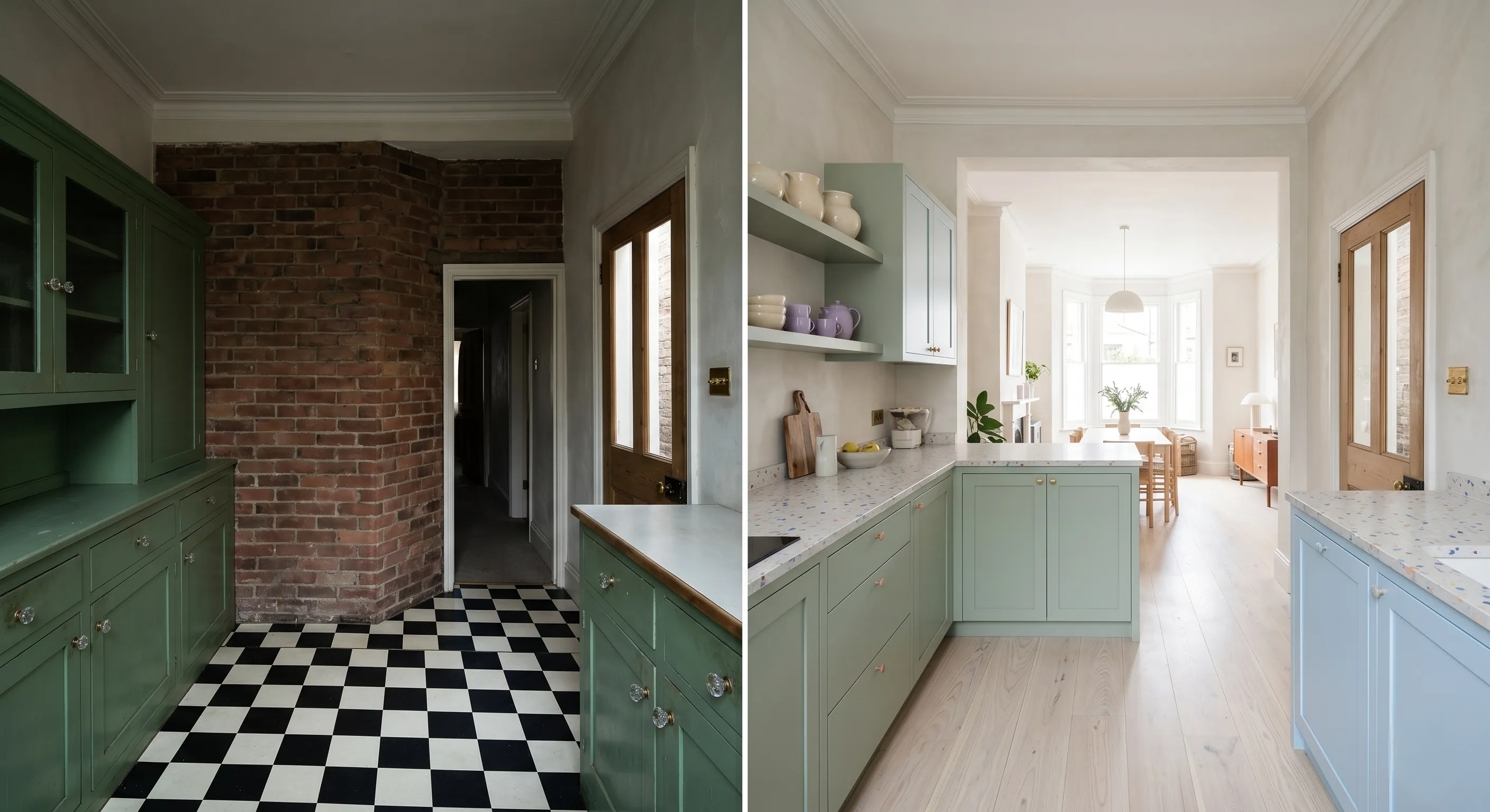 Side-by-side before-and-after photograph of a classic Victorian terrace house - kitchen in pastel