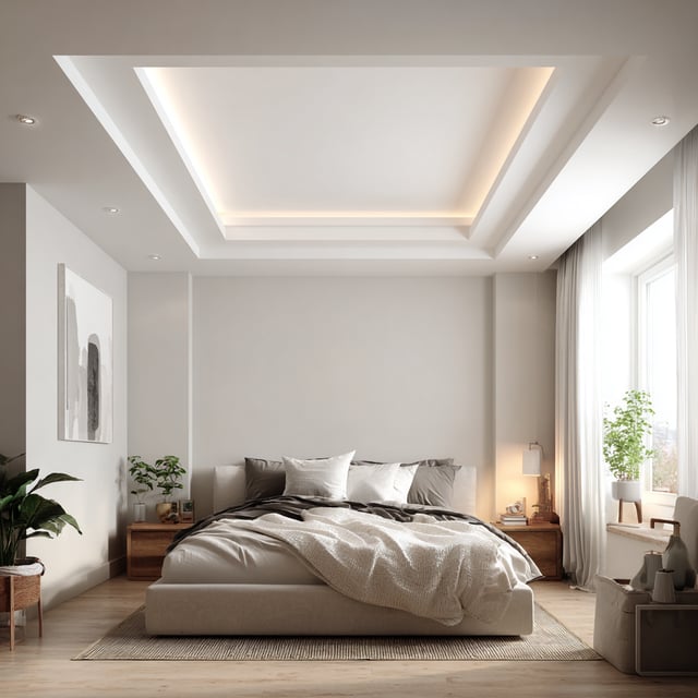 Simple white tray ceiling in modern bedroom