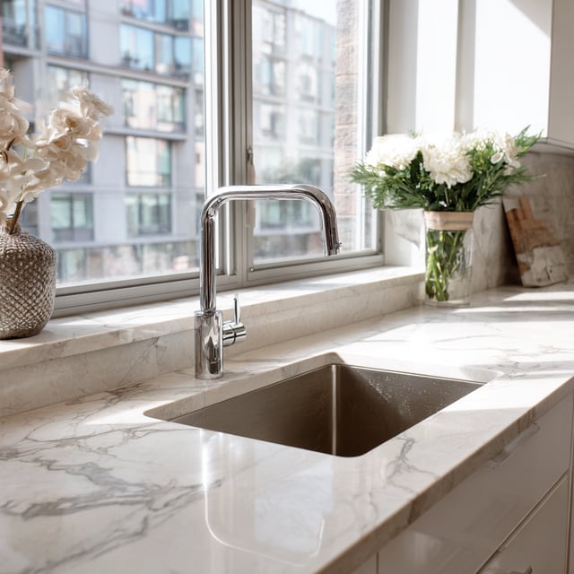 A close-up view of a stainless steel square sink and chrome gooseneck faucet set into a white marble countertop in front of a window.