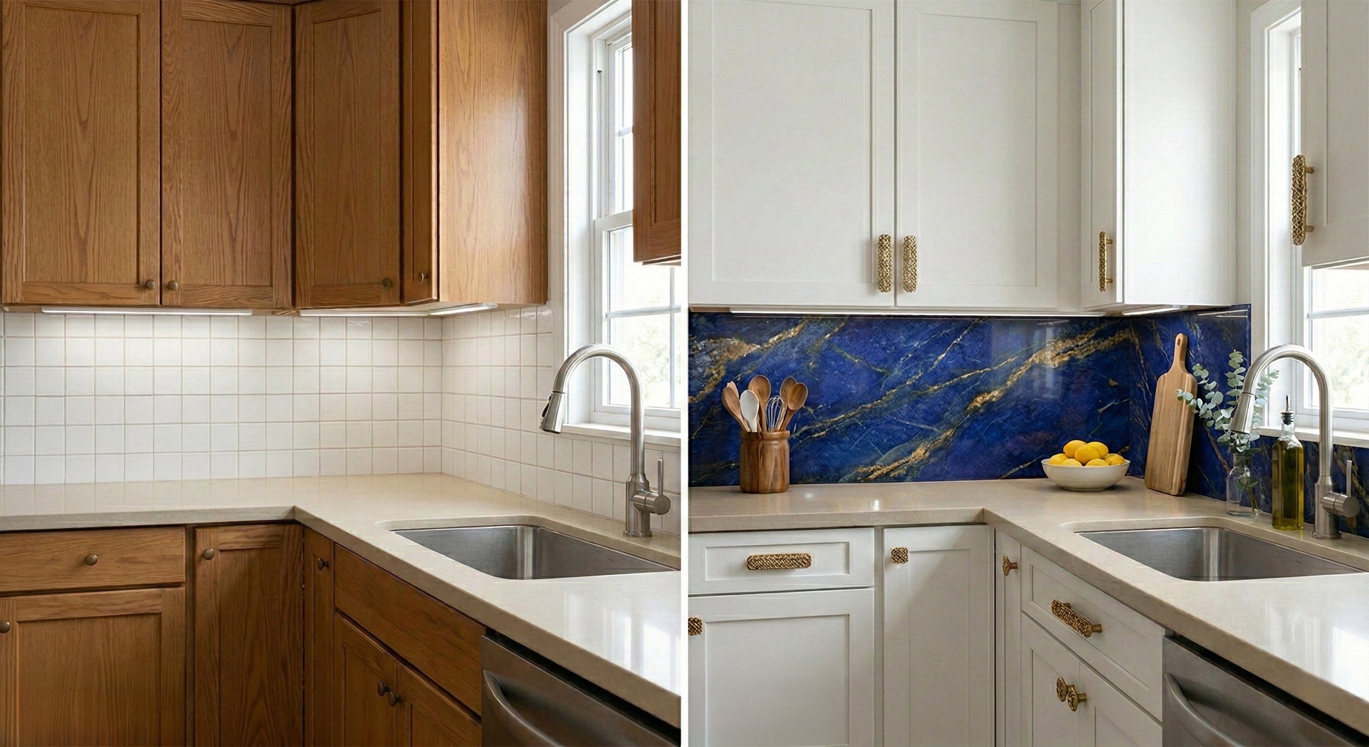 Before-and-after of a corner kitchen going from oak cabinets with plain white square tile to white cabinets with a bold blue-and-gold stone slab backsplash and brass hardware
