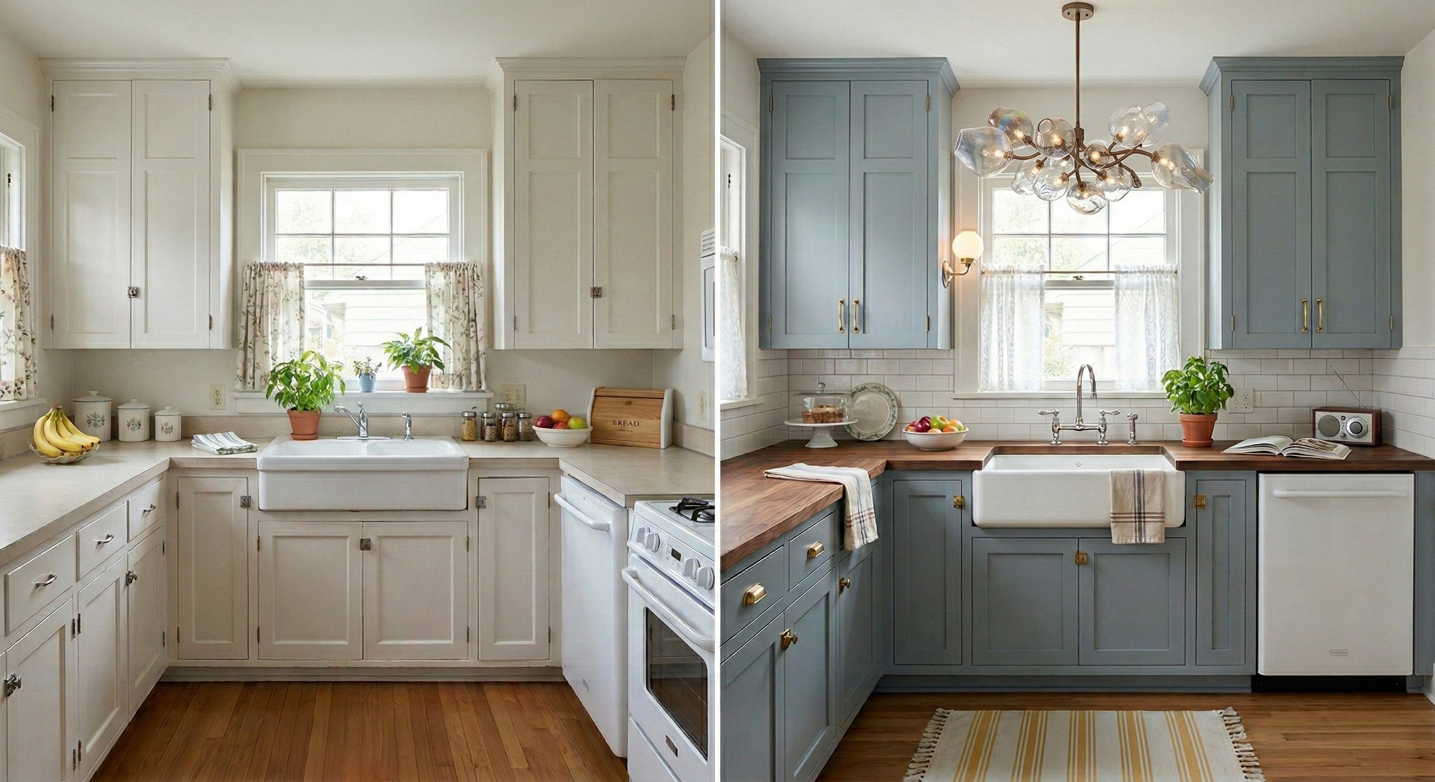 Before-and-after of a small kitchen going from all-white painted cabinets with a farmhouse sink to dusty blue cabinets with walnut butcher block countertops and a bubble glass chandelier