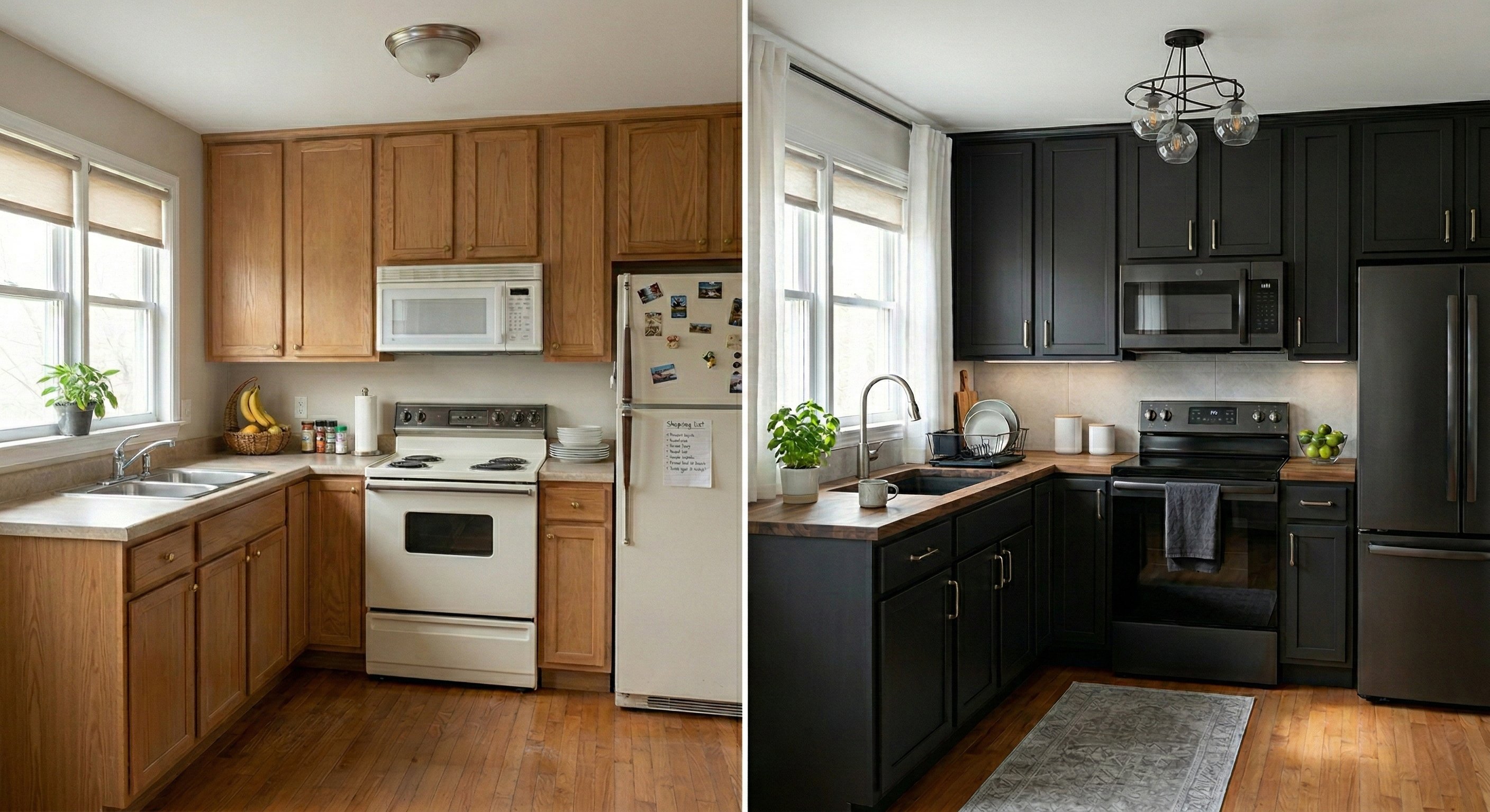Before-and-after of a small L-shaped kitchen going from oak cabinets and white appliances to matte black cabinets with butcher block countertops and black stainless appliances