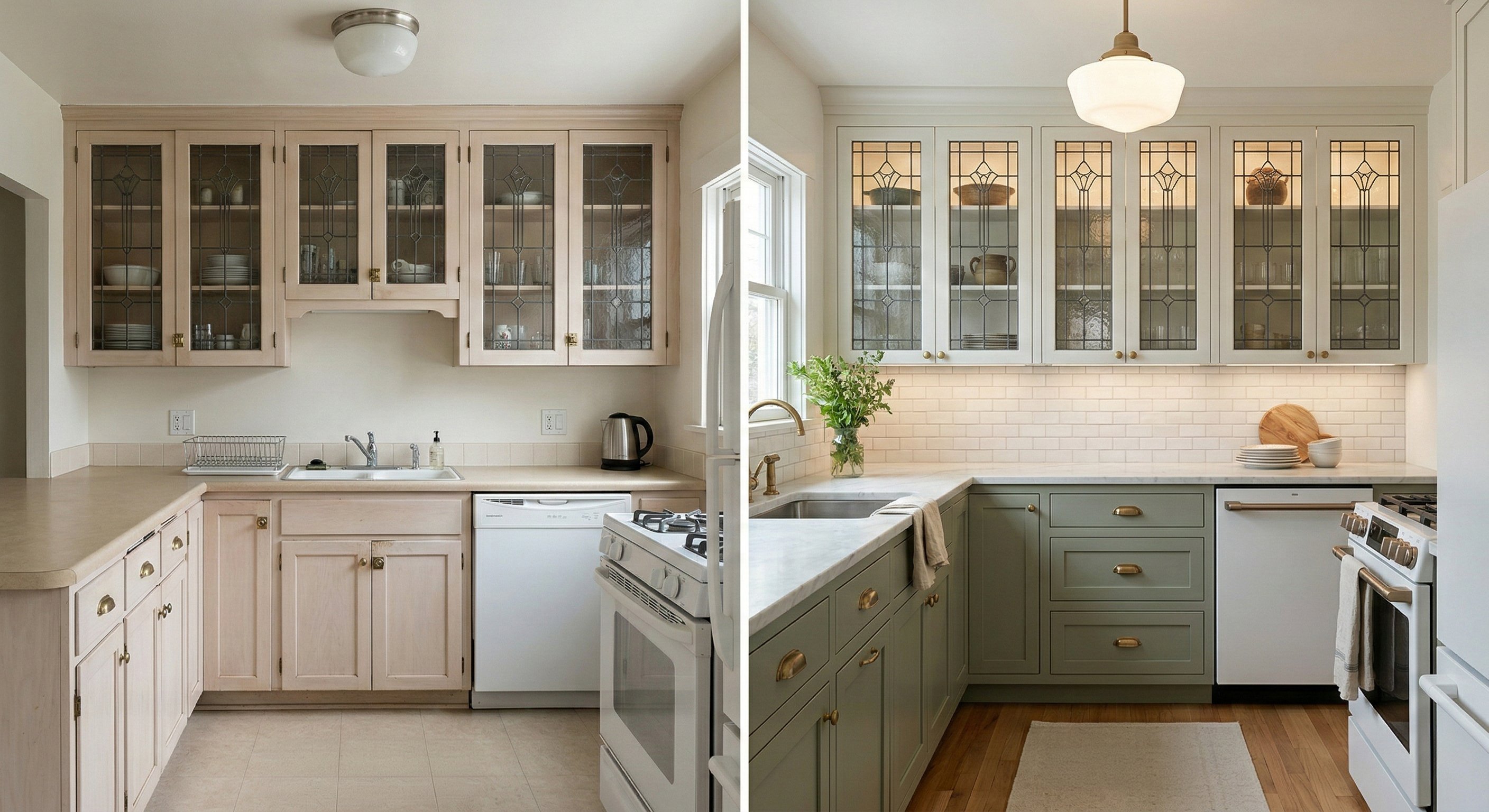 Before-and-after of a kitchen with bleached-out lower cabinets and leaded glass upper doors transformed into sage green lowers with brass cup pulls, marble countertops, and the original leaded glass panels preserved and lit from within