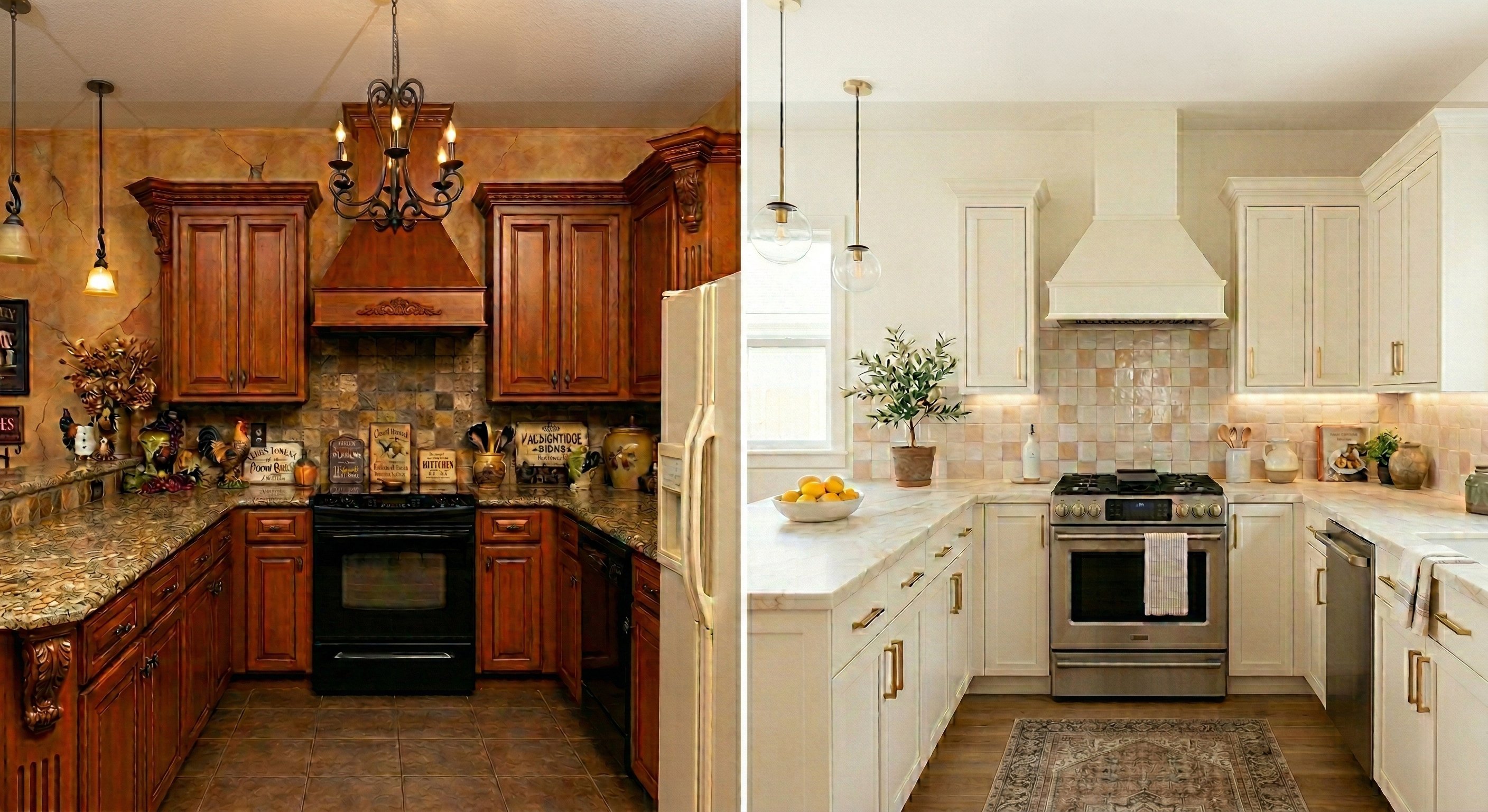 Before-and-after of a small Tuscan kitchen with dark cherry cabinets, iron chandelier, faux-painted walls, and stone mosaic backsplash transformed into cream shaker cabinets with blush zellige tile, globe pendants, and a honed marble countertop