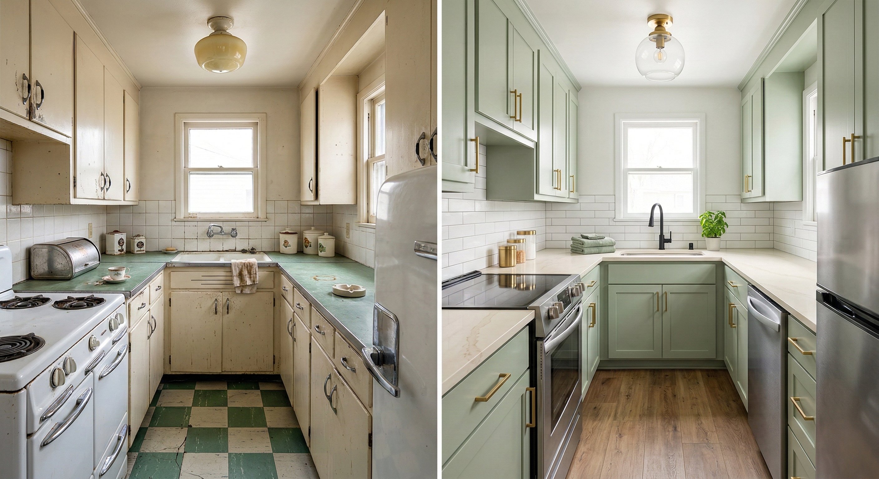 Before-and-after of a vintage kitchen with green laminate countertops, cream cabinets, and green-and-cream checkerboard linoleum transformed into sage green shaker cabinets with white quartz countertops, brass hardware, and warm wood plank flooring