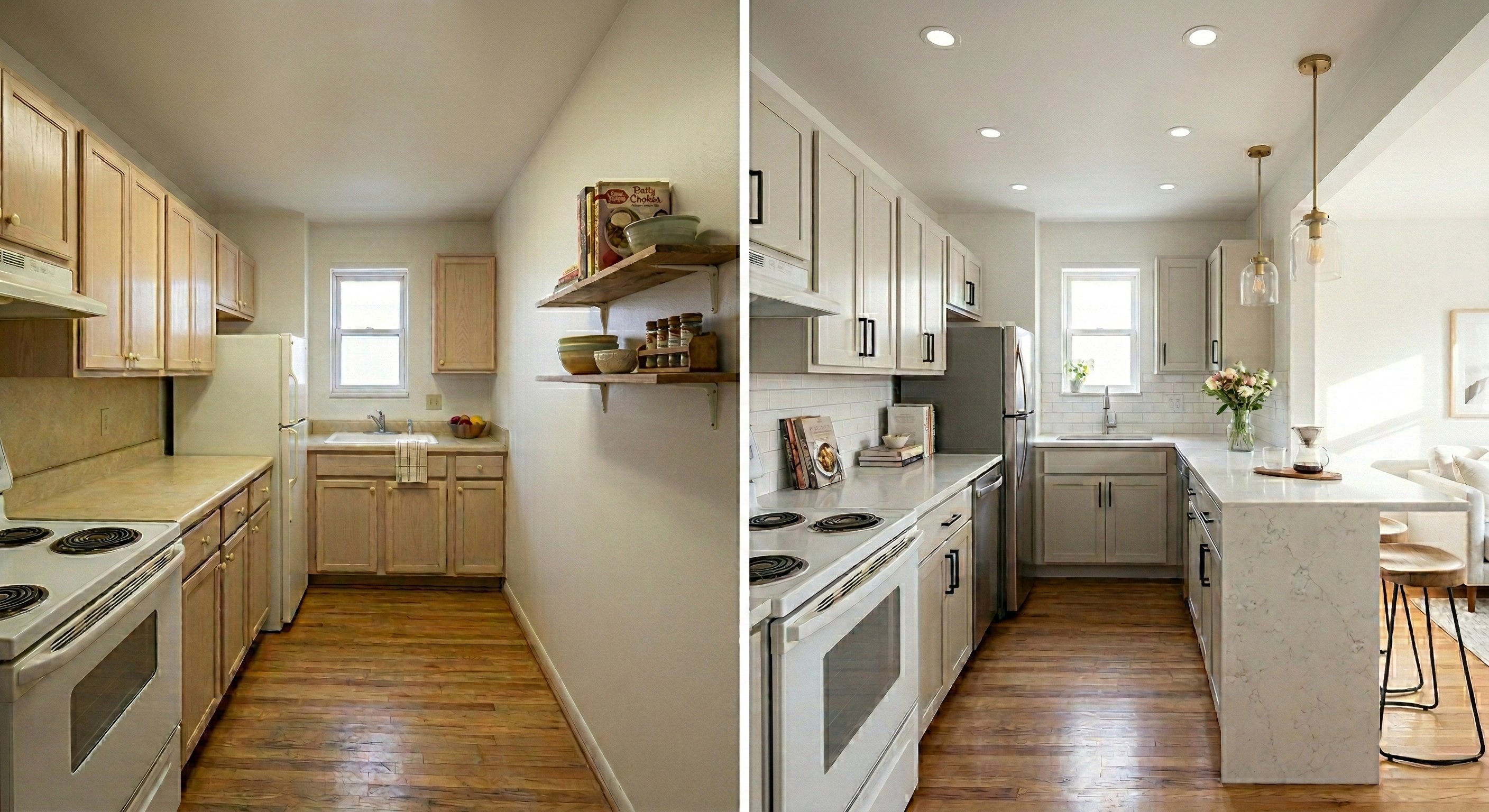 Before-and-after of a narrow galley kitchen with light oak cabinets and open shelving transformed into light gray shakers with quartz countertops, subway tile, and a small peninsula with seating added at the end