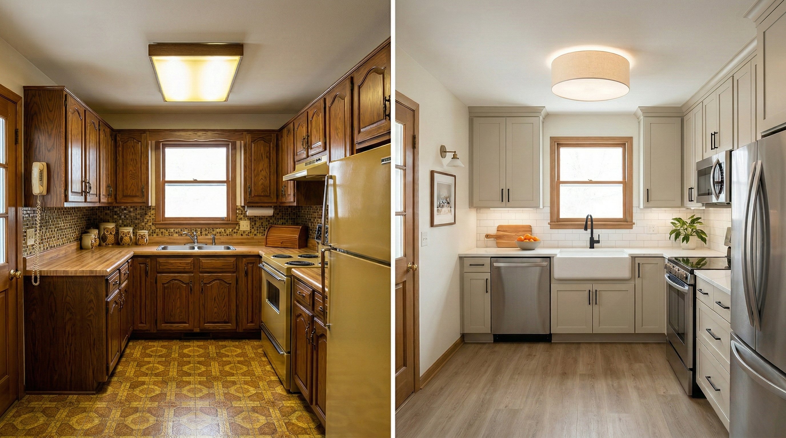 Before-and-after of a dark, small kitchen with oak cathedral-arch cabinets, harvest gold appliances, patterned linoleum, and a fluorescent box light transformed into light gray shakers with white quartz, a farmhouse sink, and a linen drum flush mount