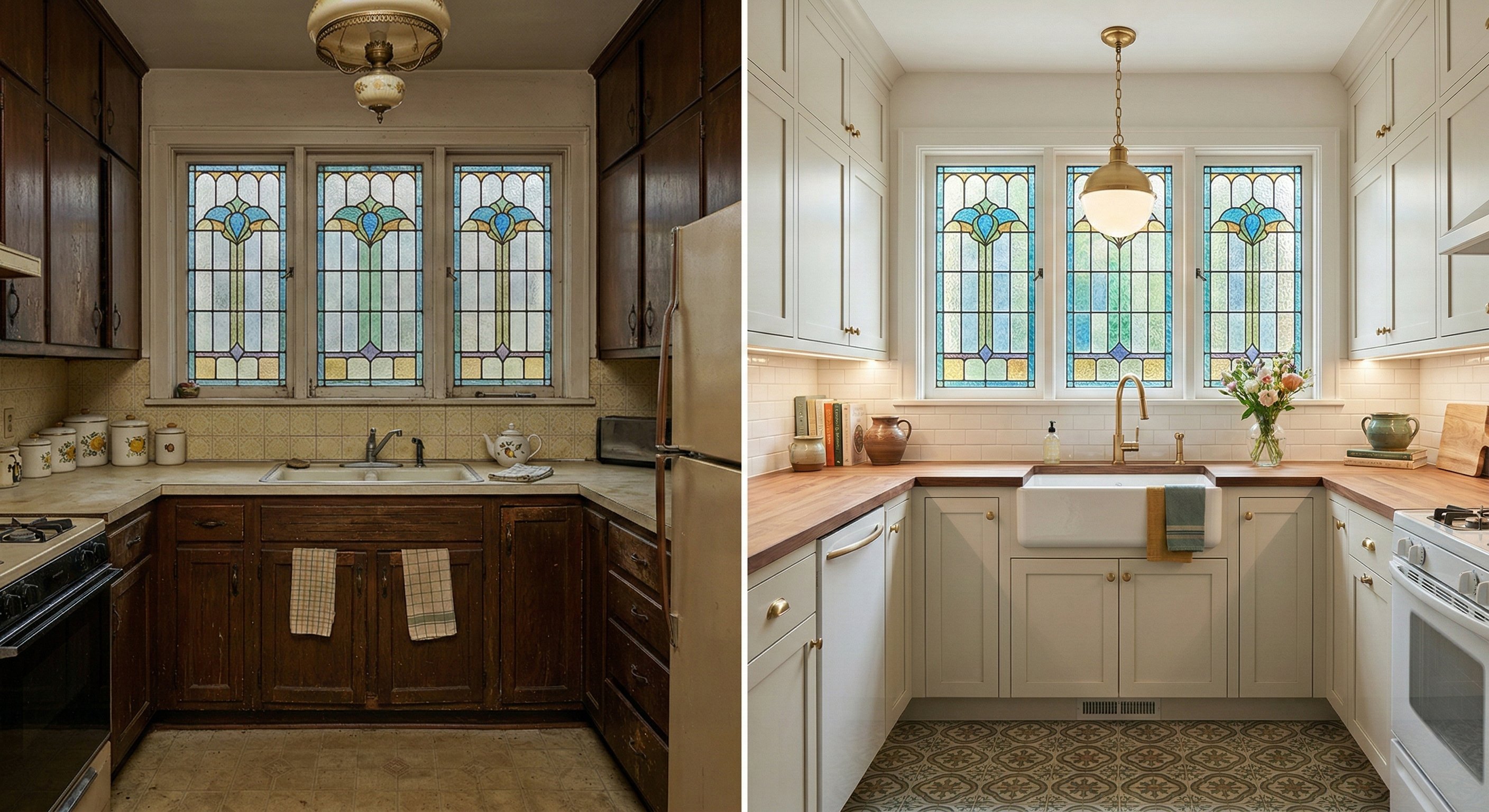 Before-and-after of a small kitchen with dark worn wood cabinets and Art Nouveau stained glass windows above the sink transformed into white shaker cabinets with butcher block countertops, a farmhouse sink, patterned cement floor tile, and the stained glass preserved as the centerpiece