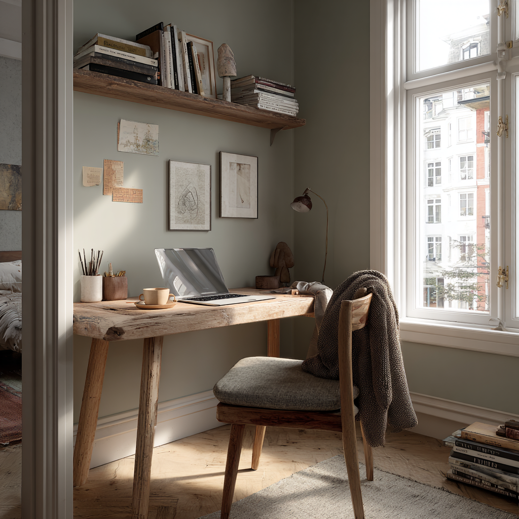  Sage green walls surround a rustic wood desk in a sunlit nook.