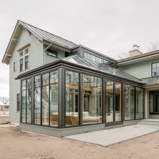A full-wall glass sunroom or solarium addition with a glass roof attached to the side of a light green house.