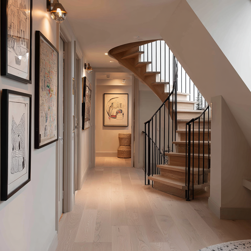 Spiral staircase to attic black banister with wood