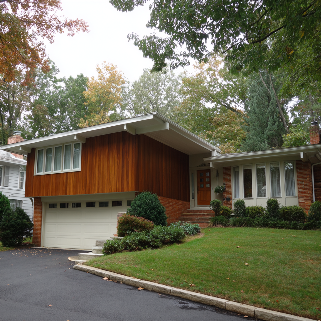 Mid-century split-level home with wood siding and red brick.