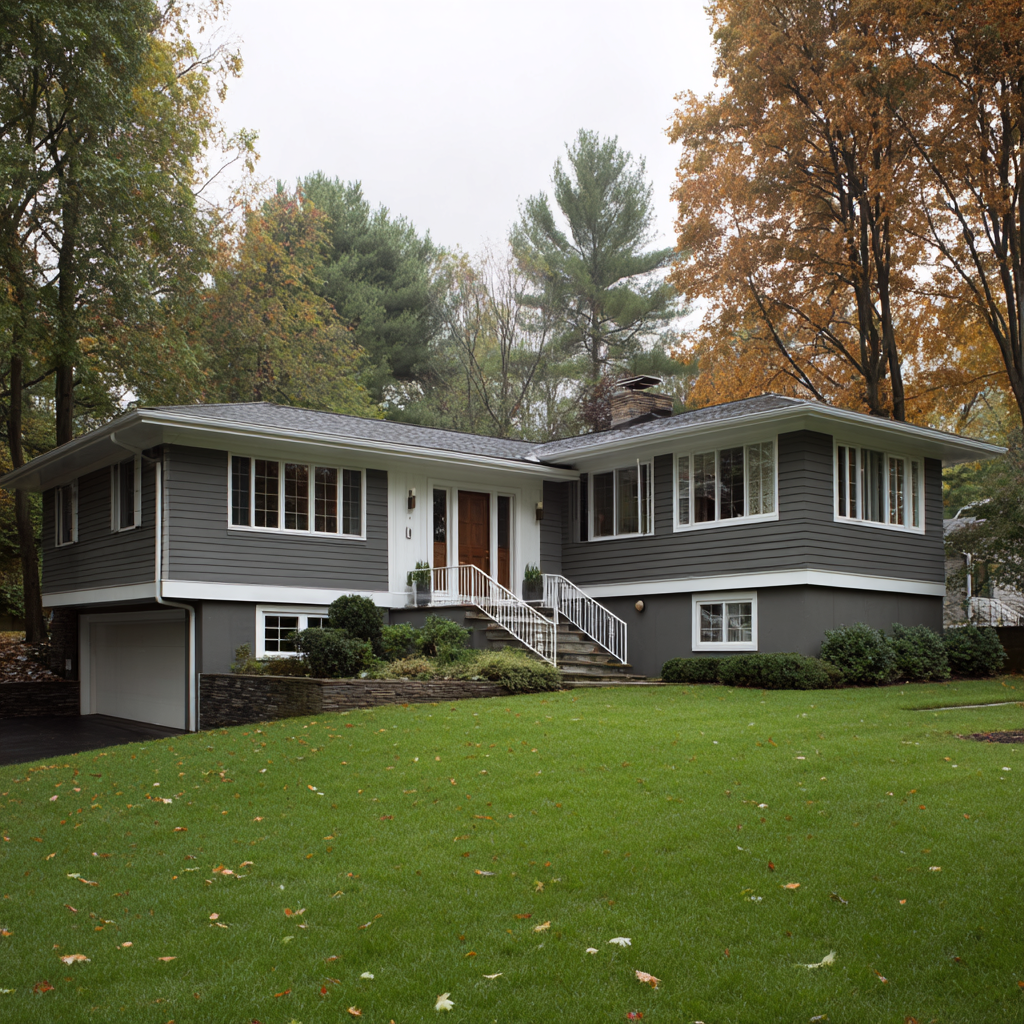 Grey split-level home with white trim and a green lawn area.