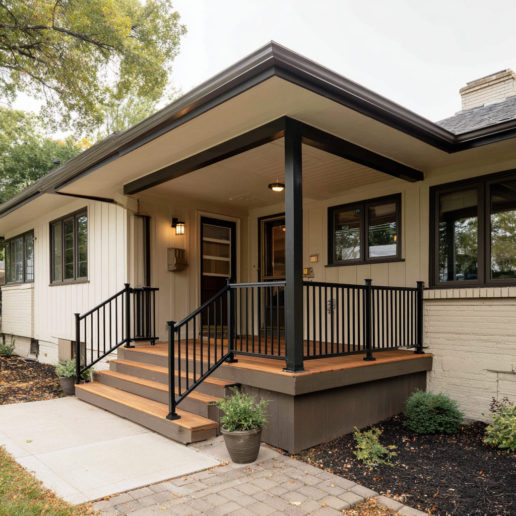 Cream siding home with a wooden porch and black railings.