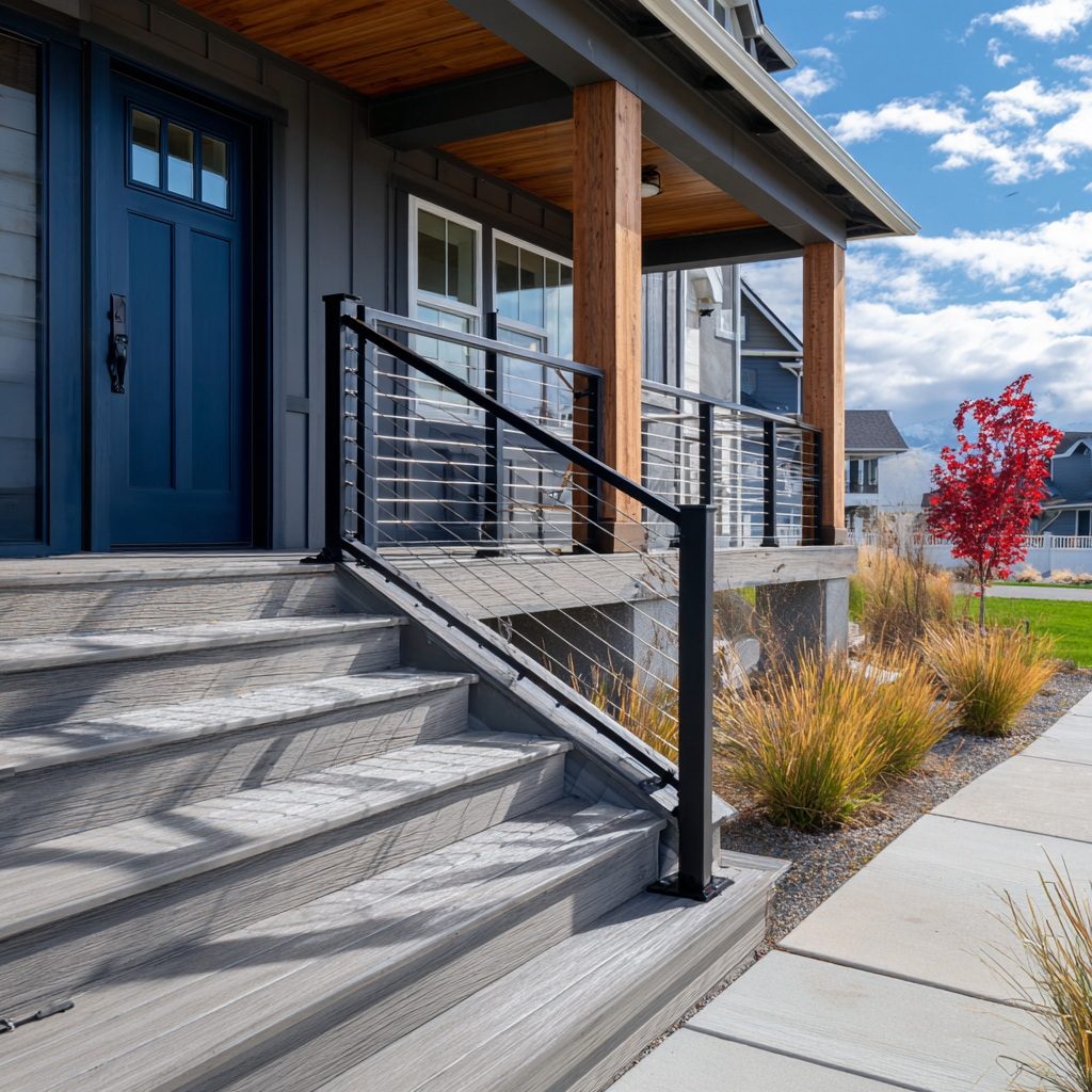 Grey house with a blue door, wood pillars and cable rails.