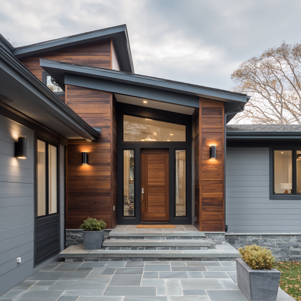 Modern home with wood siding, grey walls, and stone patio.