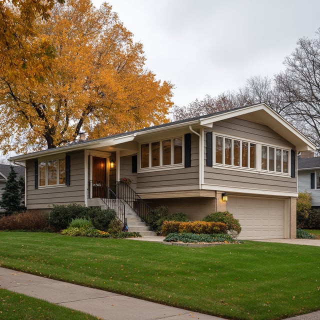 A brown split-level home with a large golden autumn tree.