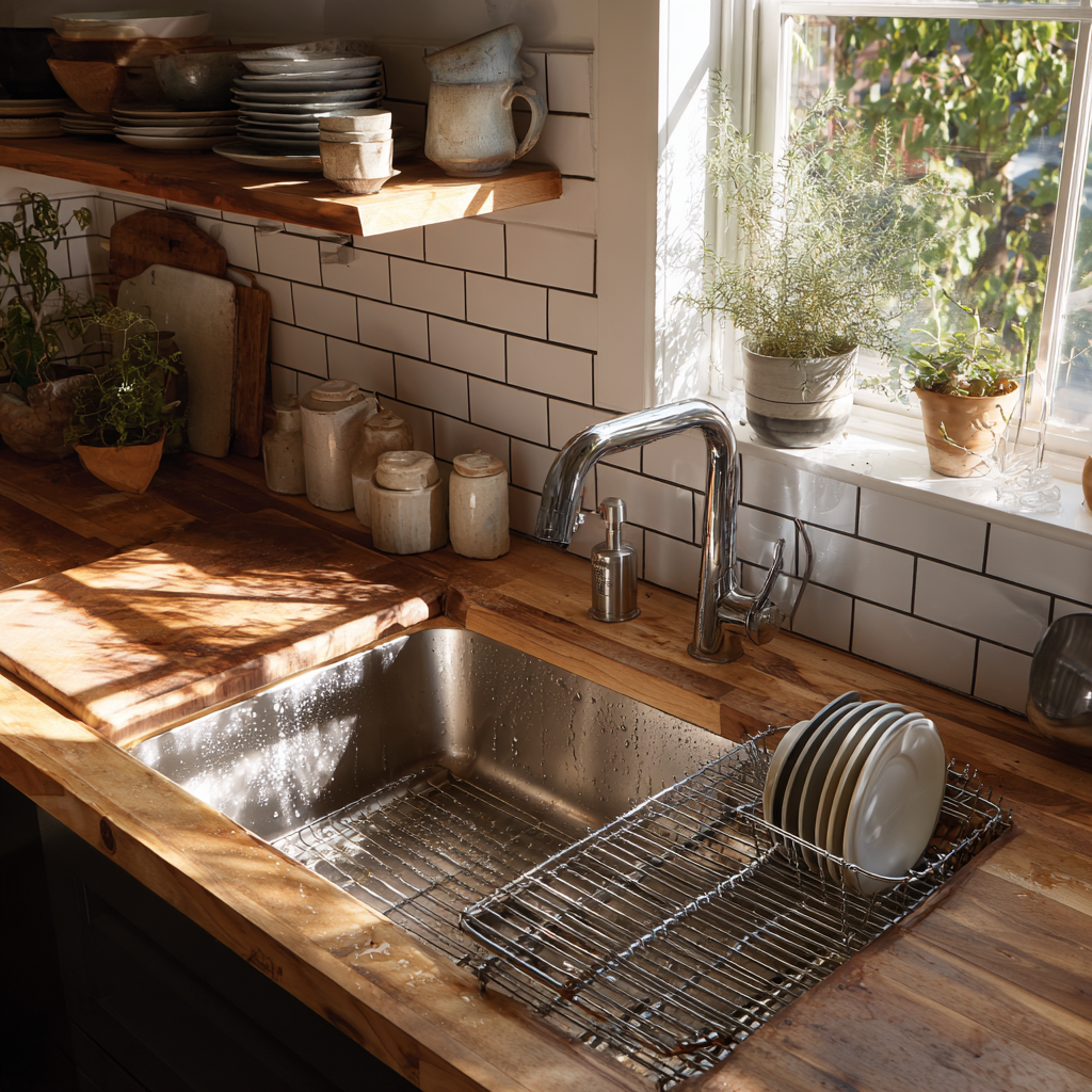 A stainless steel sink set into a wooden countertop with white subway tile backsplash, featuring a metal dish drying rack with plates and bowls.