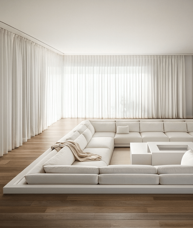 Sunken living room with neutral coloring and wood floors 