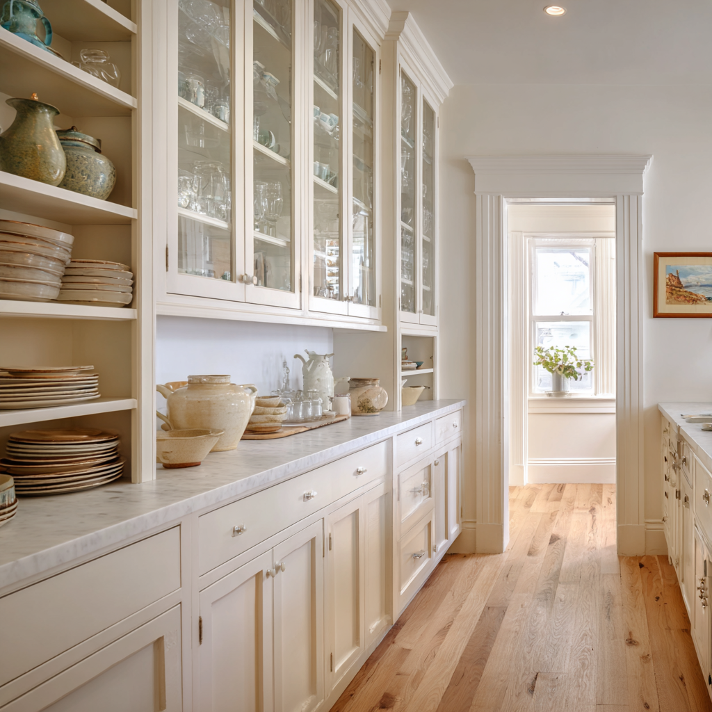 Tall glass door cabinets bungalow kitchens